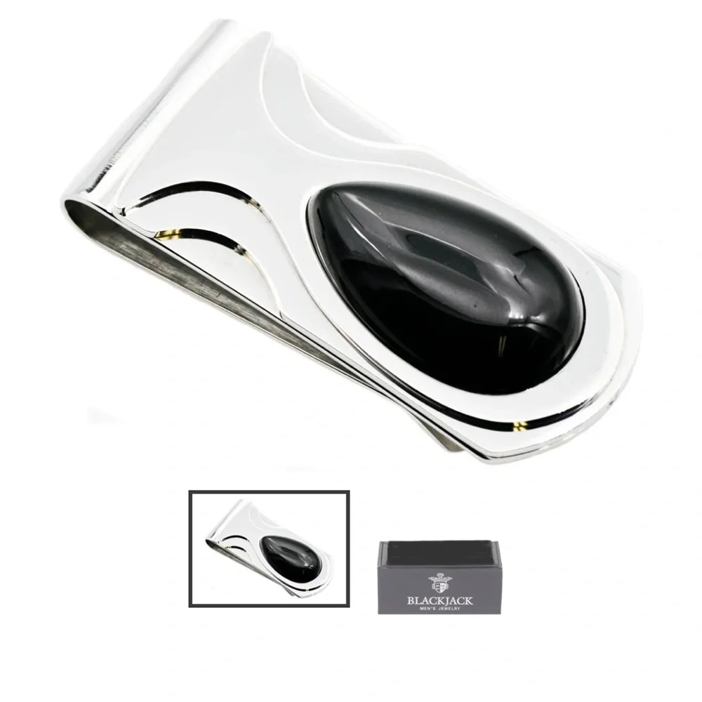 Mens Genuine Onyx Stainless Steel Money Clip